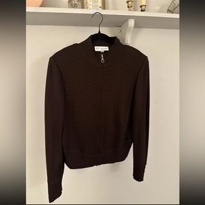 Vtg St John Collection Brown Full Zip Cardigan Gold Buttons Shoulder Pads Sz 14